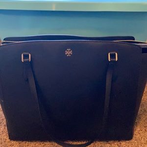 Tory Burch hard side tote with inside compartments. Black, zipper closure